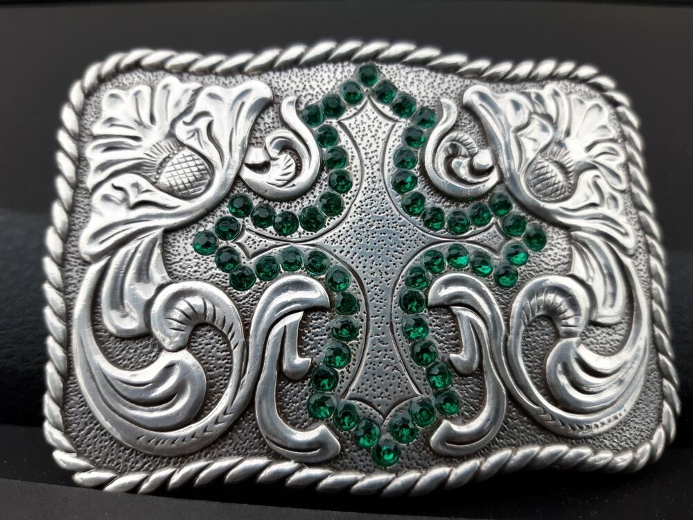 Western Belt Buckle With Green Sequins Cross New 3 1/2 Wide 2 1/2 Long
